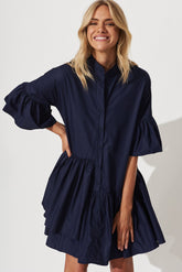 Navy Cotton Blend Smock Dress